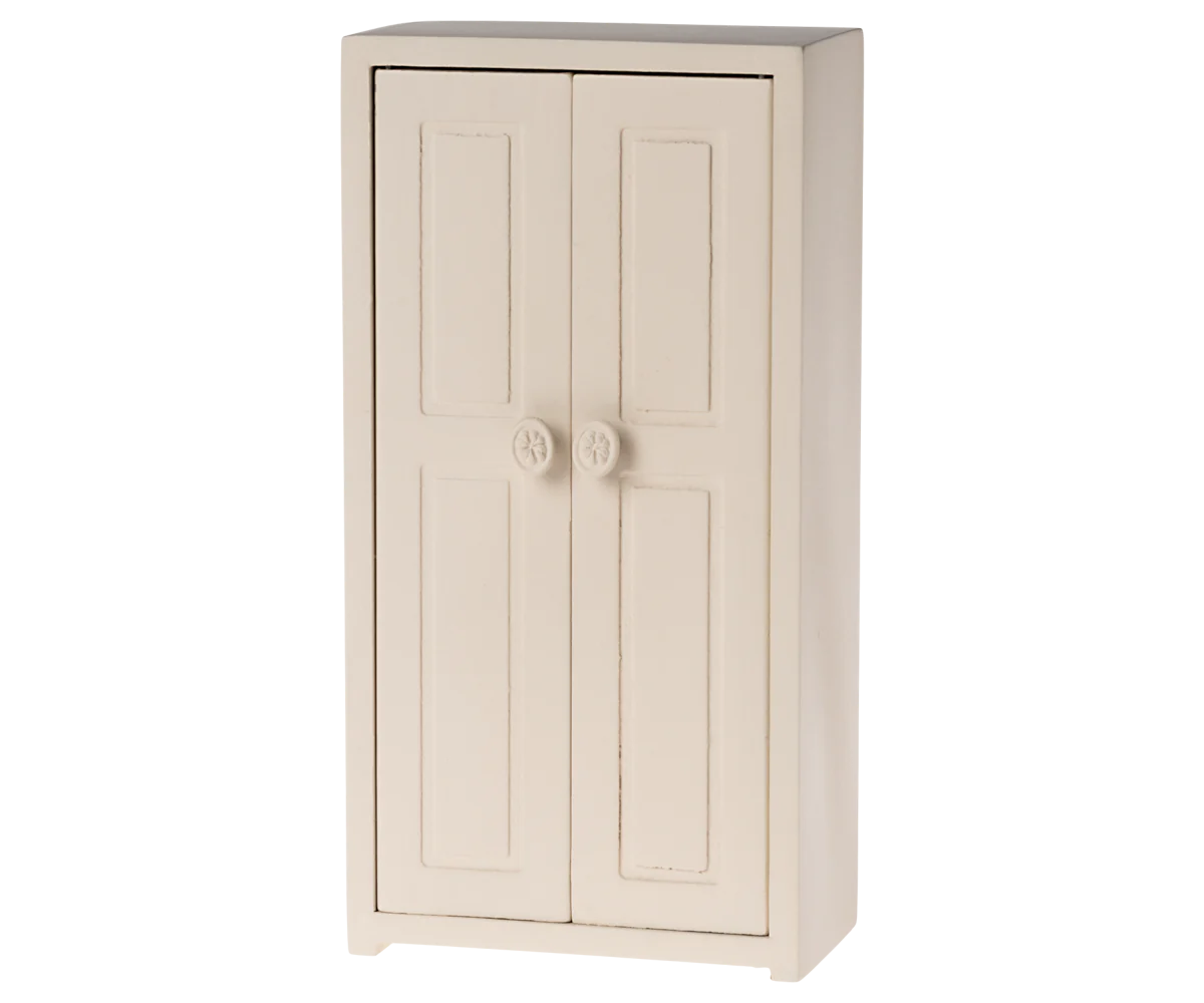 A small cream-colored wooden closet with two doors and a knob, designed for a toy mouse wardrobe. | Maileg UK
