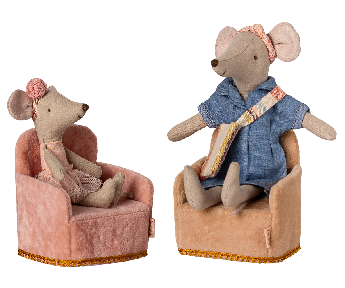 Two toy mice sitting in armchairs on a white background | Maileg UK