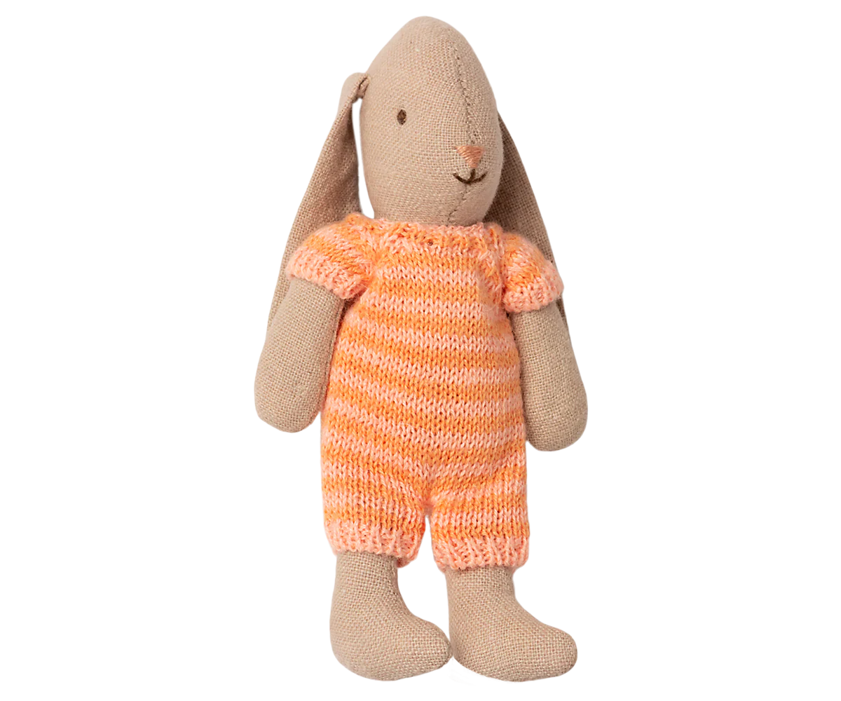 Knitted toy rabbit wearing an orange striped outfit on a white background | Maileg UK