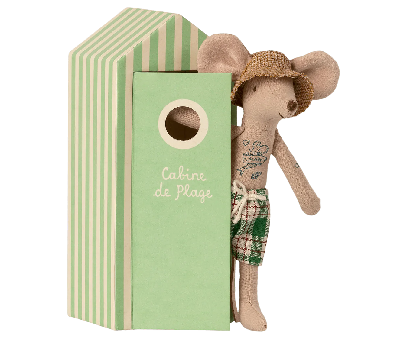 Maileg Dad beach mouse peeps out of his green striped beach hut wearing his sun hat and checked beach shorts. Dollhouse Miniatures