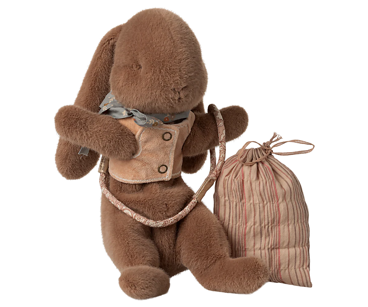 Brown plush bunny with a backpack and striped bag on a white background |Sleeping bunny supply, Harness | Maileg UK