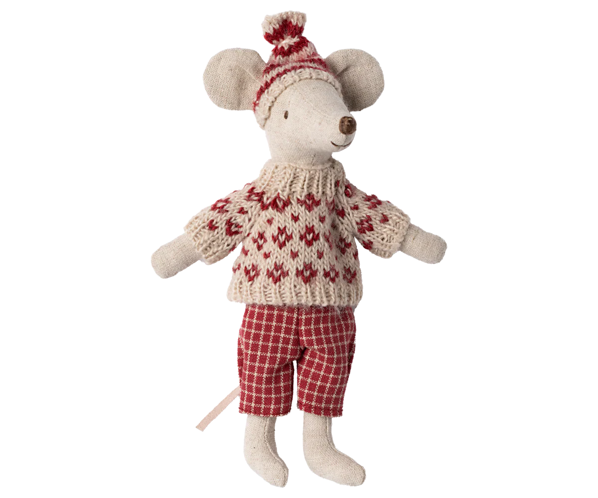 Toy mouse wearing a knitted sweater and red plaid pants on a white background |Winter mouse with ski set, Mum - Red