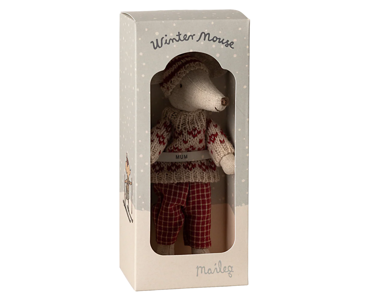 Stuffed mouse toy wearing a sweater and pants in a box with 'Winter Mouse' text | Winter mouse with ski set, Mum - Red