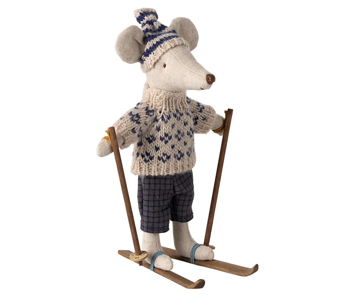 Maileg Winter mouse with ski set, Dad - Blue | Maileg UK