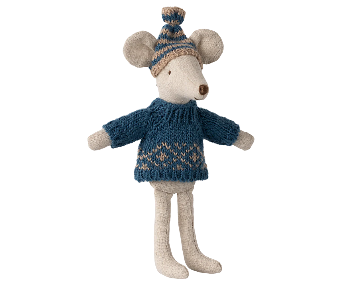 Stuffed mouse toy wearing a blue sweater and knitted hat on a white background