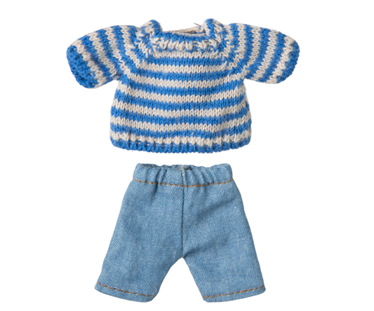 Knitted blue and white striped sweater with matching denim shorts on a white background