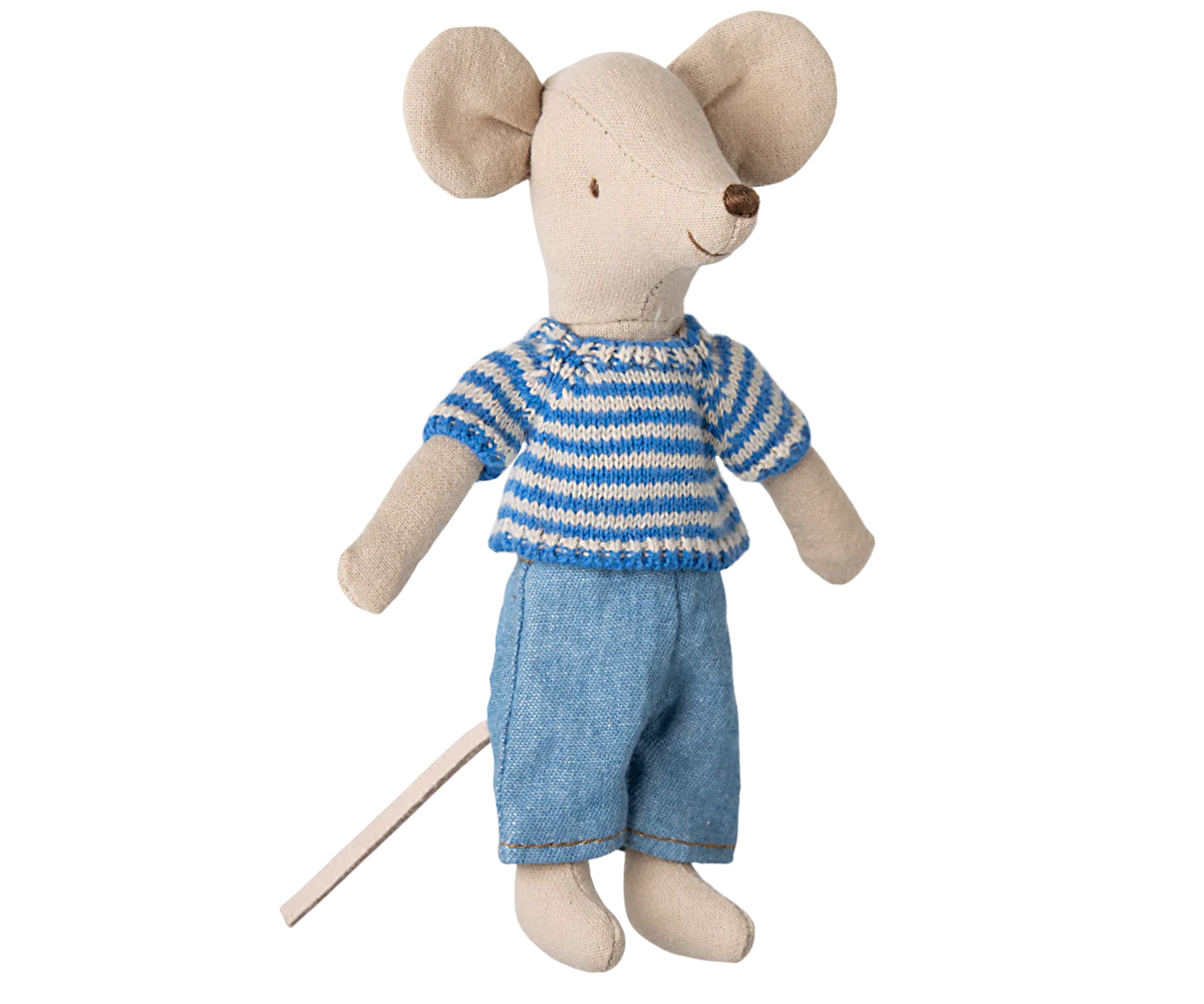 Stuffed toy mouse wearing a blue striped shirt and shorts on a white background