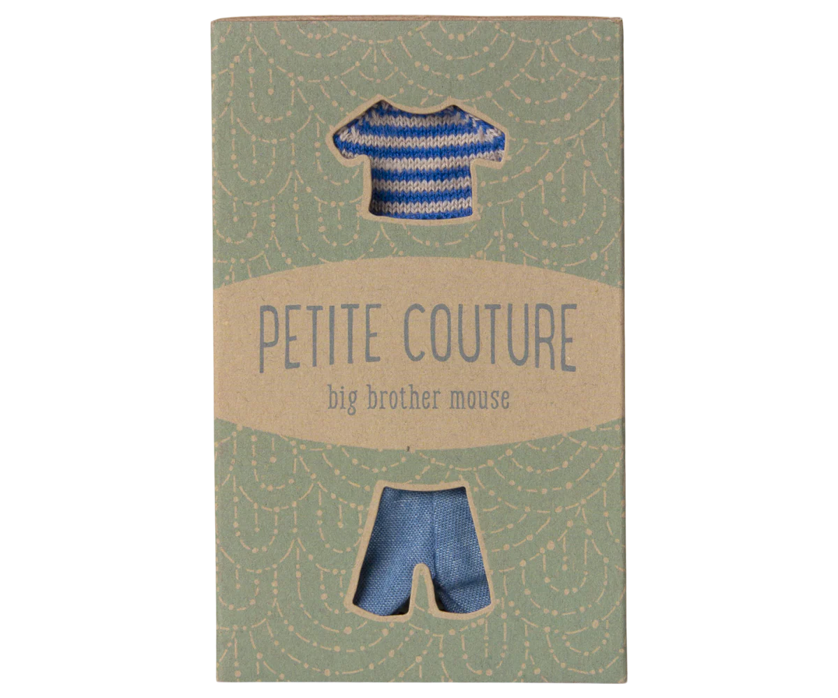 Box with cut-out shapes of a striped shirt and shorts, labeled 'Petite Couture big brother mouse'.