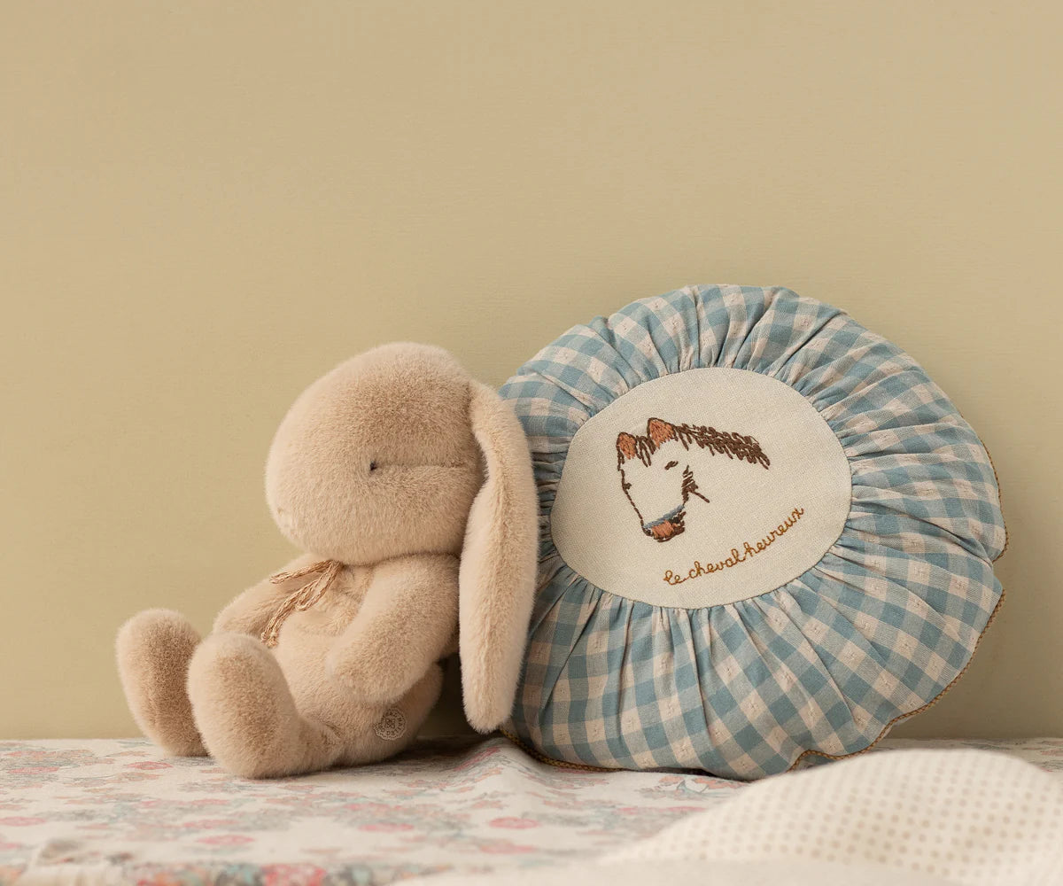 Plush toy and checkered pillow with embroidered design on a neutral background | Maileg UK