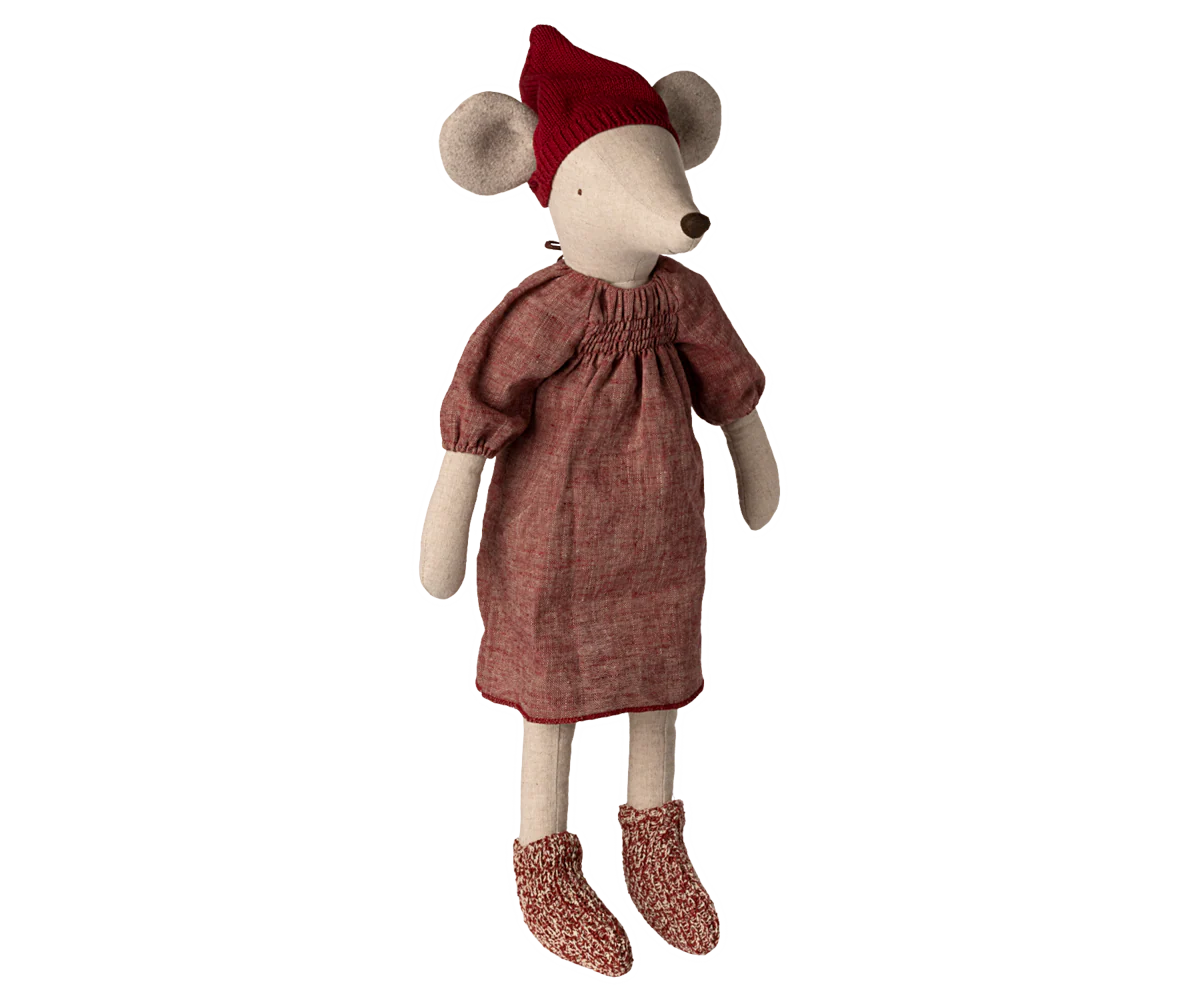 Stuffed mouse toy wearing a red dress and hat on a white background