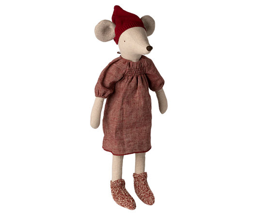 Stuffed mouse toy wearing a red dress and hat on a white background