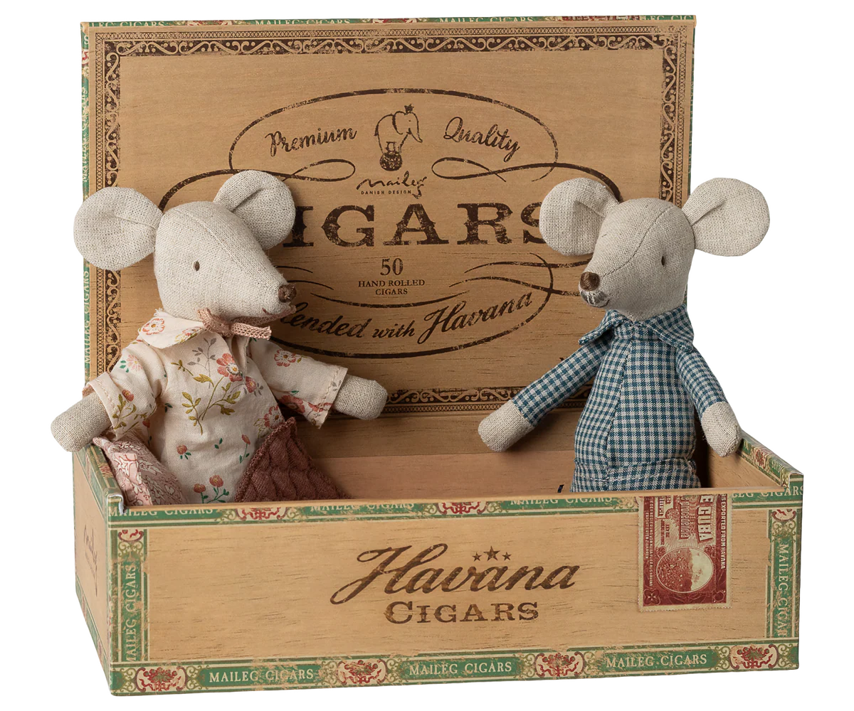 Grandma and grandpa mice in cigarbox