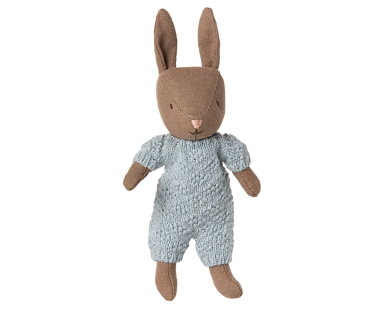 Stuffed toy rabbit wearing a knitted outfit on a white background
