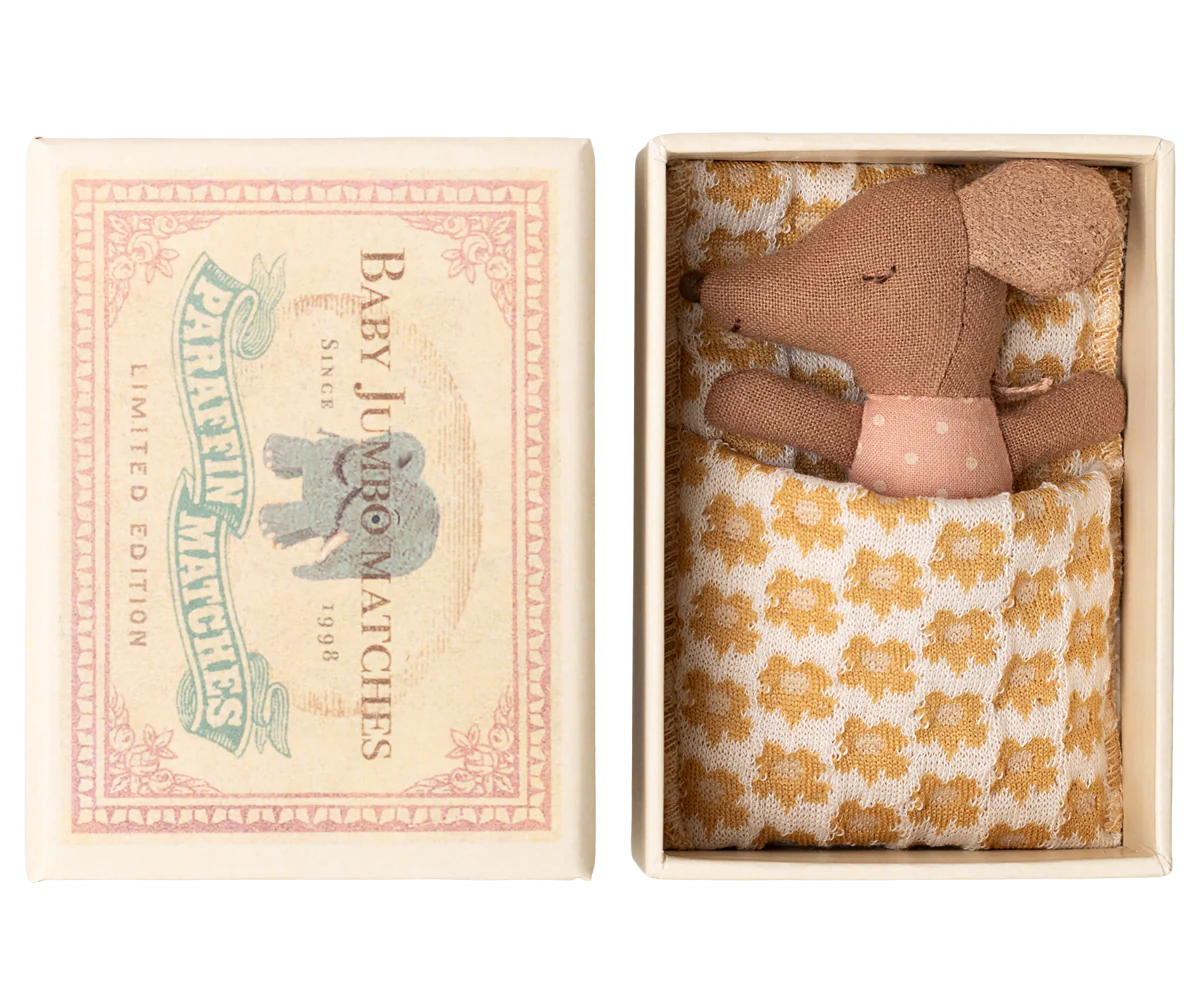 Small brown teddy bear in a decorative box with a floral pattern