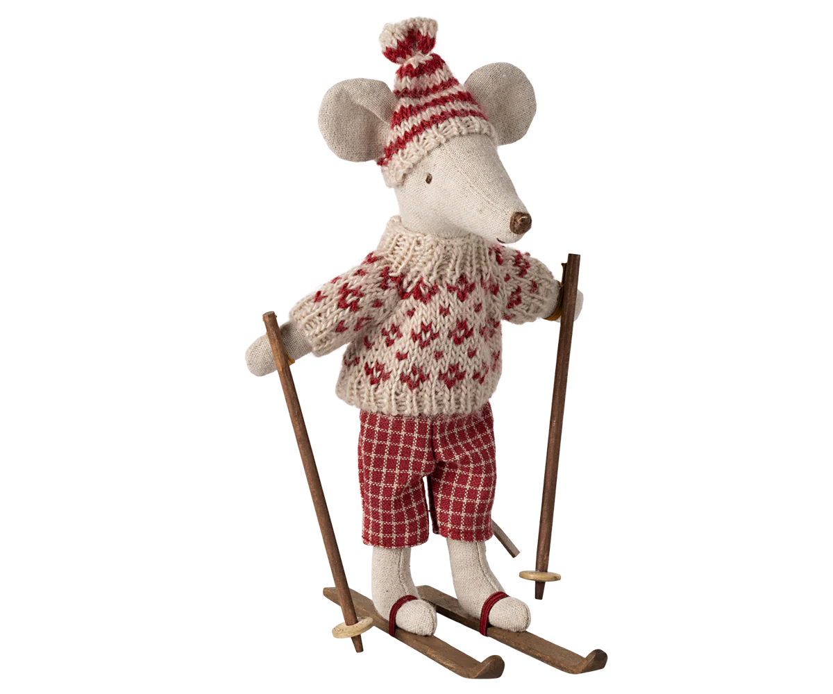 Decorative mouse figure wearing a sweater, hat, and skis on a white background |Winter mouse with ski set, Mum - Red