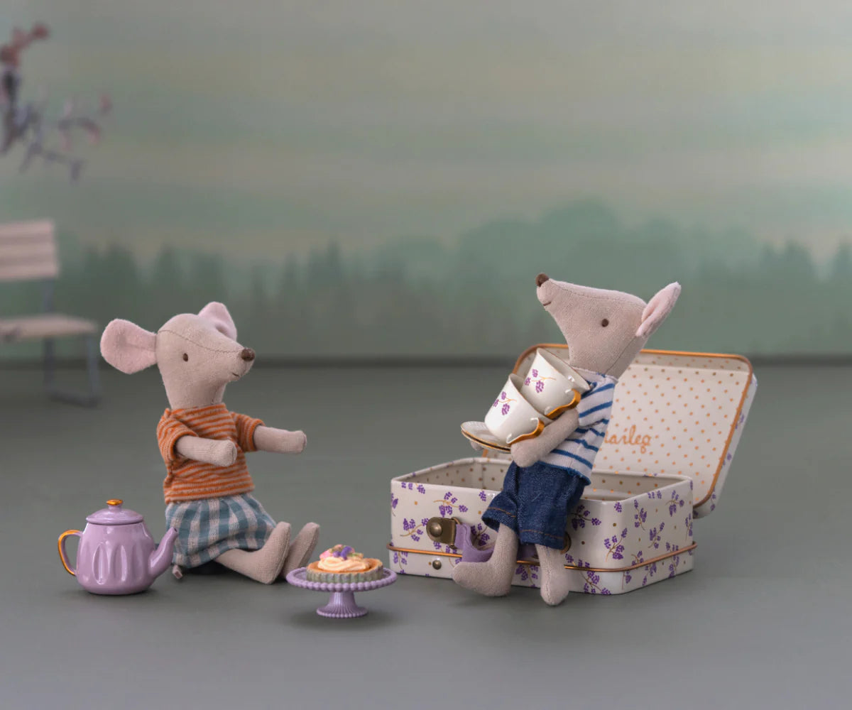 The maileg mice are out for an afternoon tea picnic with their suitcase full on miniature treats.