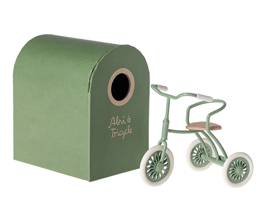 green maileg tricycle with hanger