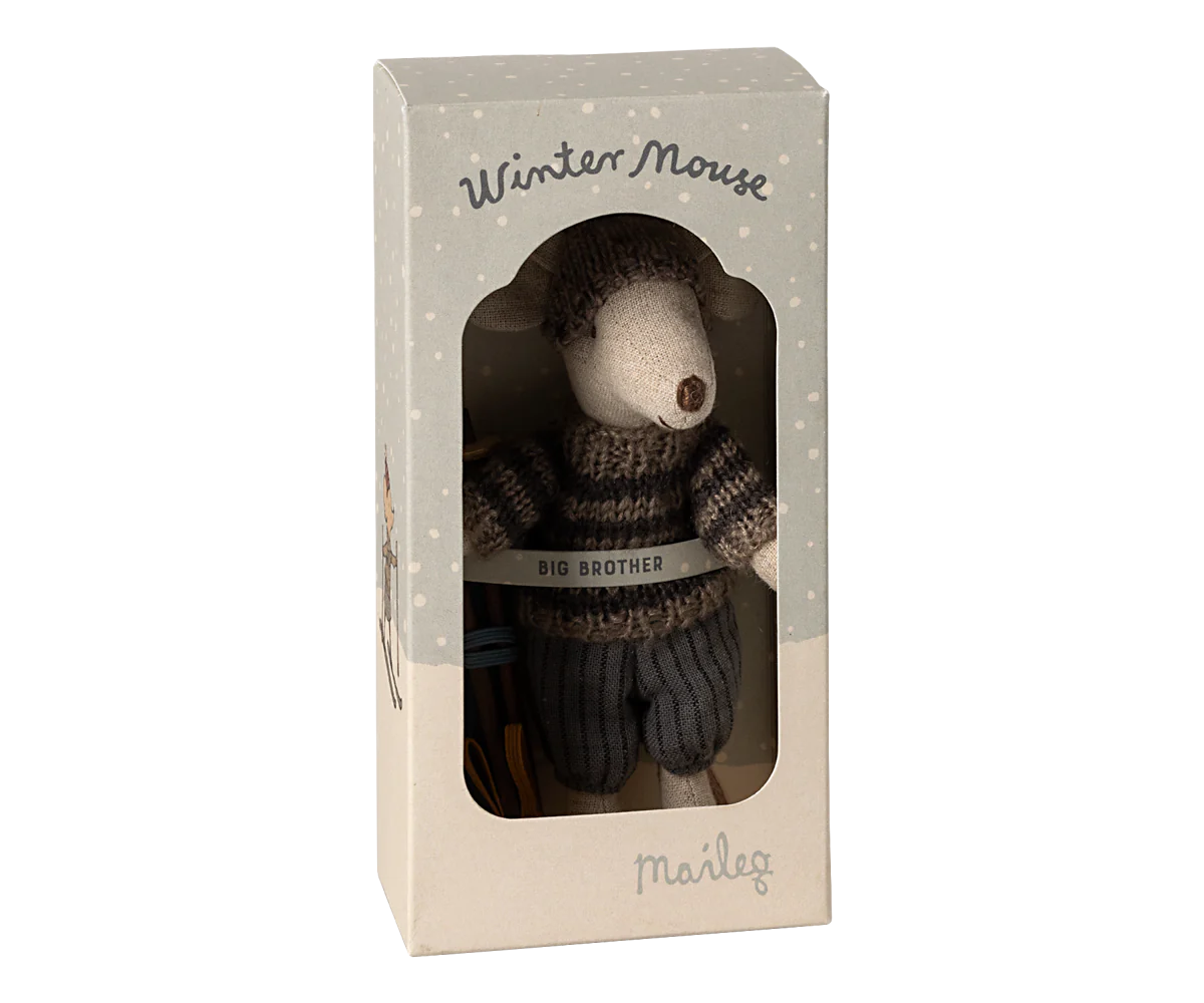 Maileg Winter mouse with ski set, Big brother - Grey