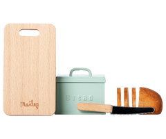 Maileg metal pastel bread tin with mini wooden chopping board, bread knife and loaf | Dollhouse Miniatures