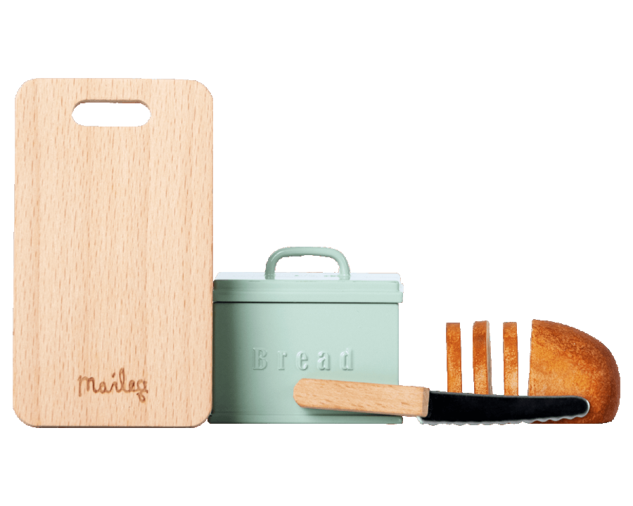 Maileg metal pastel bread tin with mini wooden chopping board, bread knife and loaf | Dollhouse Miniatures