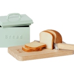 Maileg metal pastel bread tin with mini wooden chopping board, bread knife and loaf | Dollhouse Miniatures
