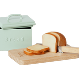 Maileg metal pastel bread tin with mini wooden chopping board, bread knife and loaf | Dollhouse Miniatures