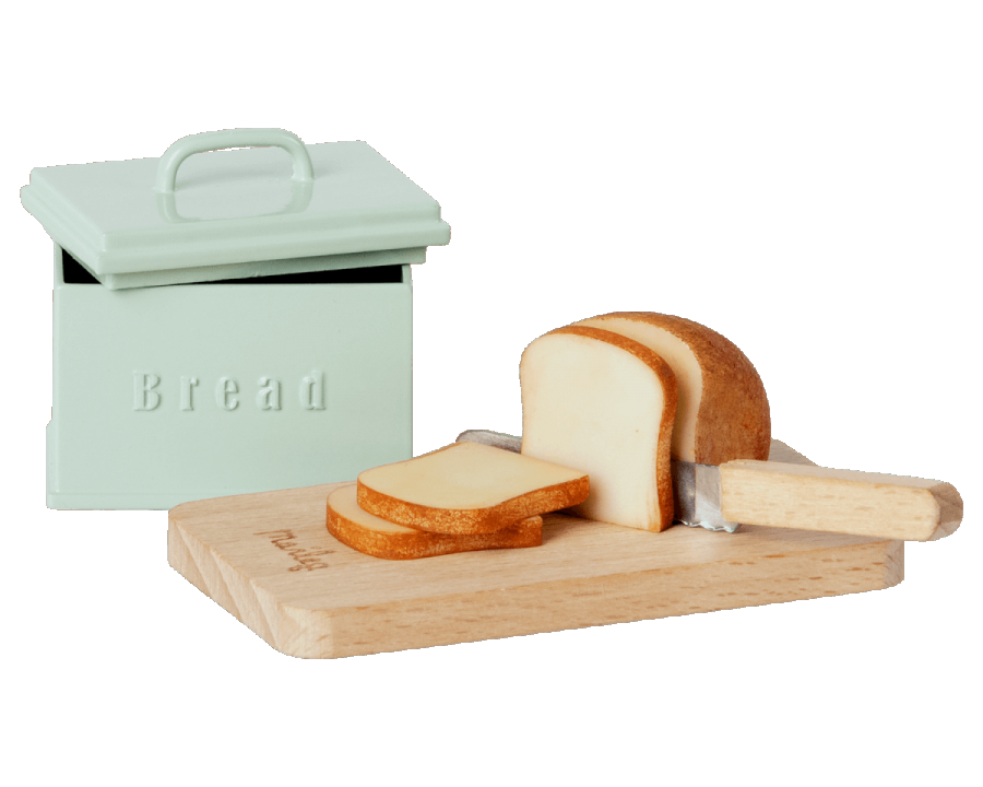 Maileg metal pastel bread tin with mini wooden chopping board, bread knife and loaf | Dollhouse Miniatures