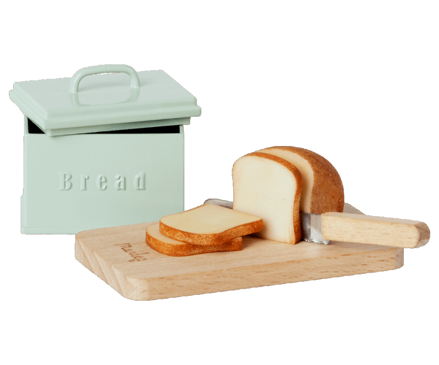 Maileg metal pastel bread tin with mini wooden chopping board, bread knife and loaf | Dollhouse Miniatures