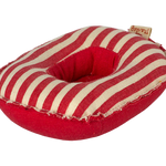 Red and beige striped pet bed with a brand tag on a white background | Maileg UK