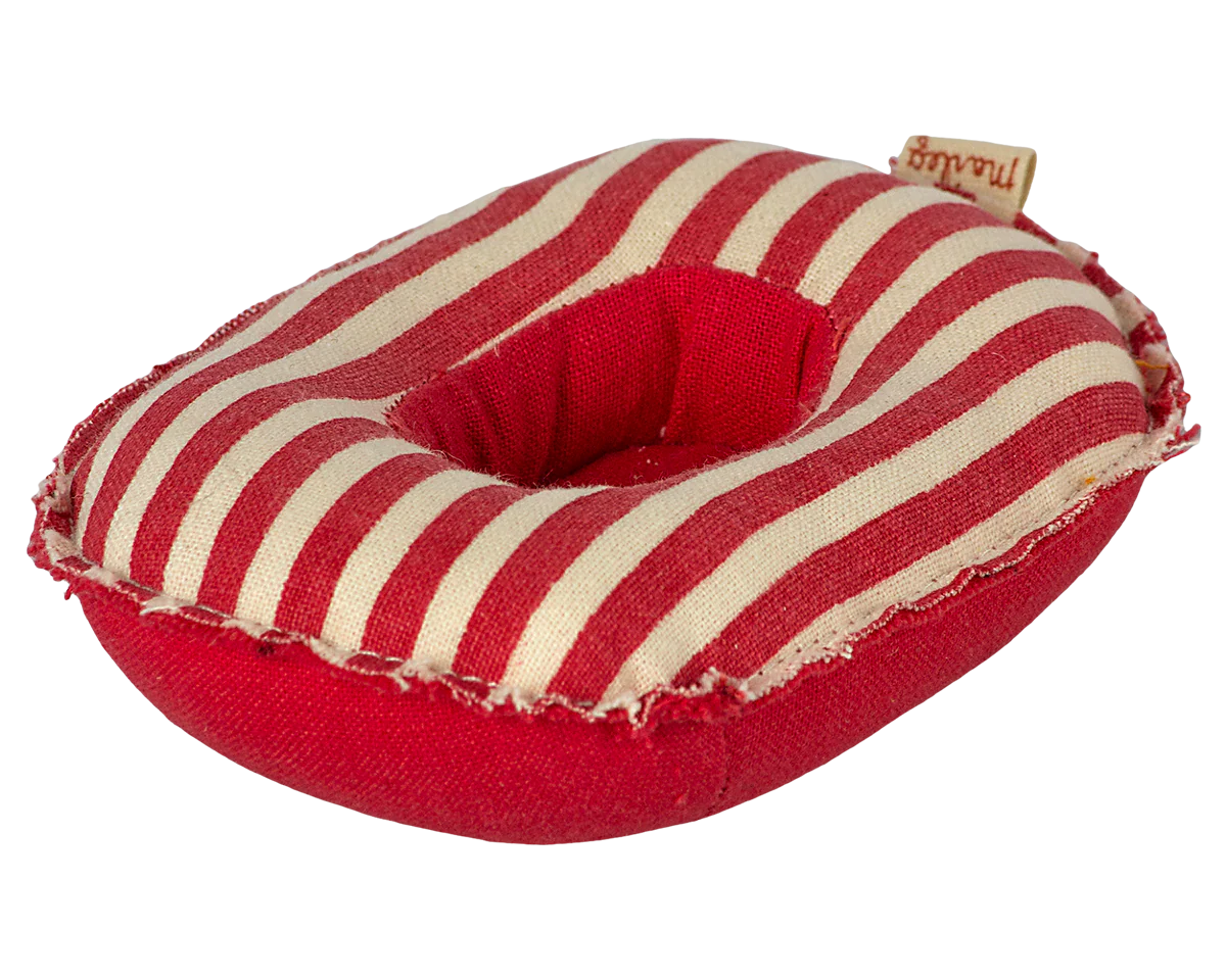 Red and beige striped pet bed with a brand tag on a white background | Maileg UK