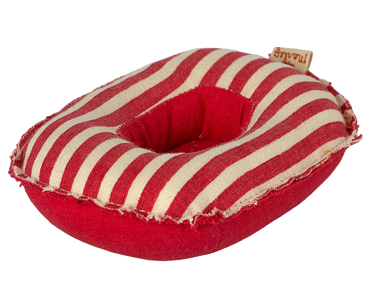 Red and beige striped pet bed with a brand tag on a white background | Maileg UK