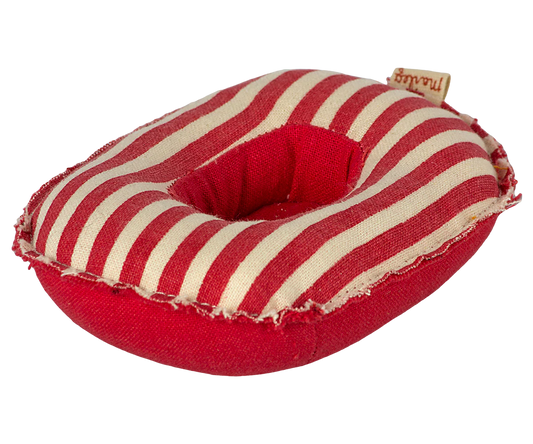 Red and beige striped pet bed with a brand tag on a white background | Maileg UK