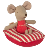 Stuffed mouse toy in a red and white striped boat on a white background | Maileg UK