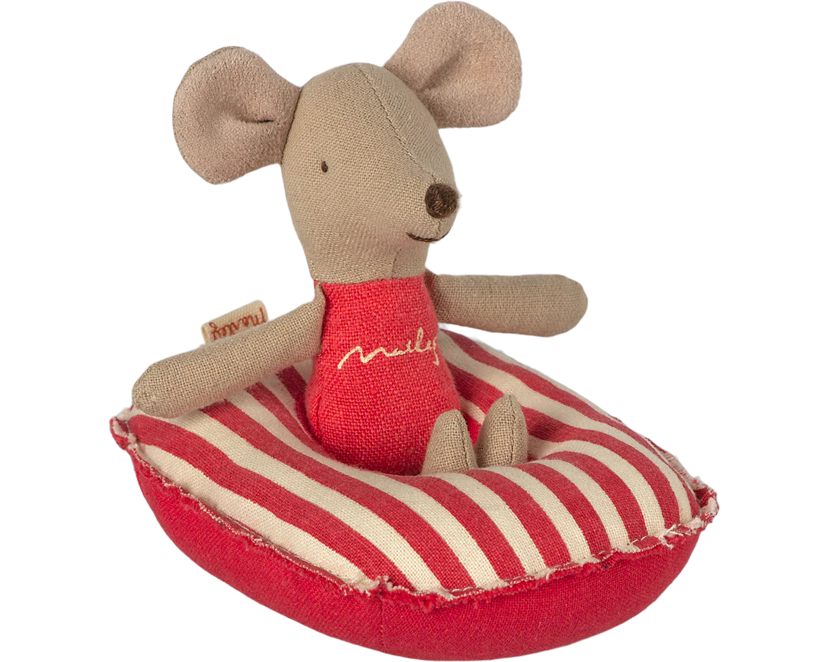 Stuffed mouse toy in a red and white striped boat on a white background | Maileg UK
