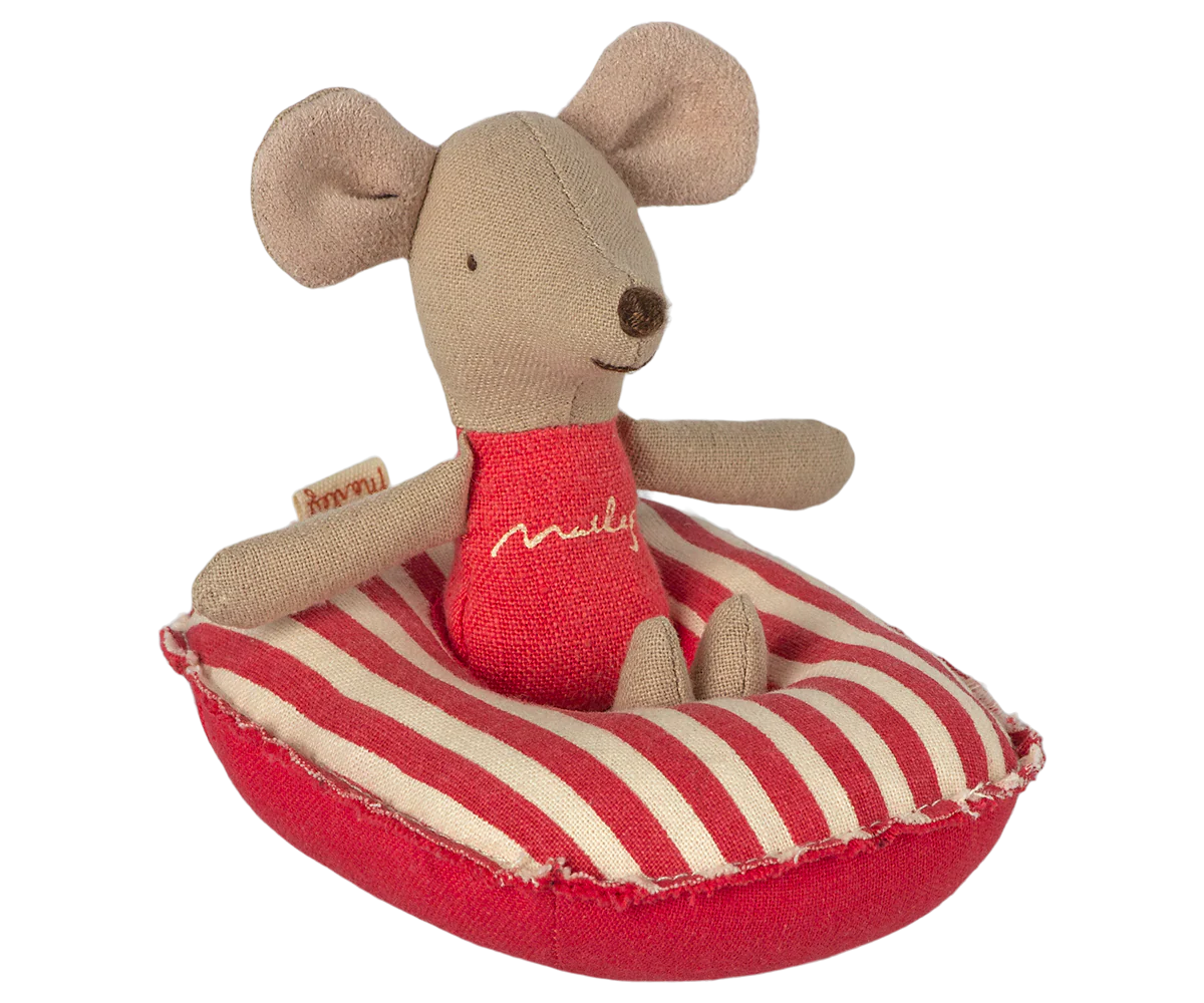 Stuffed mouse toy in a red and white striped boat on a white background | Maileg UK