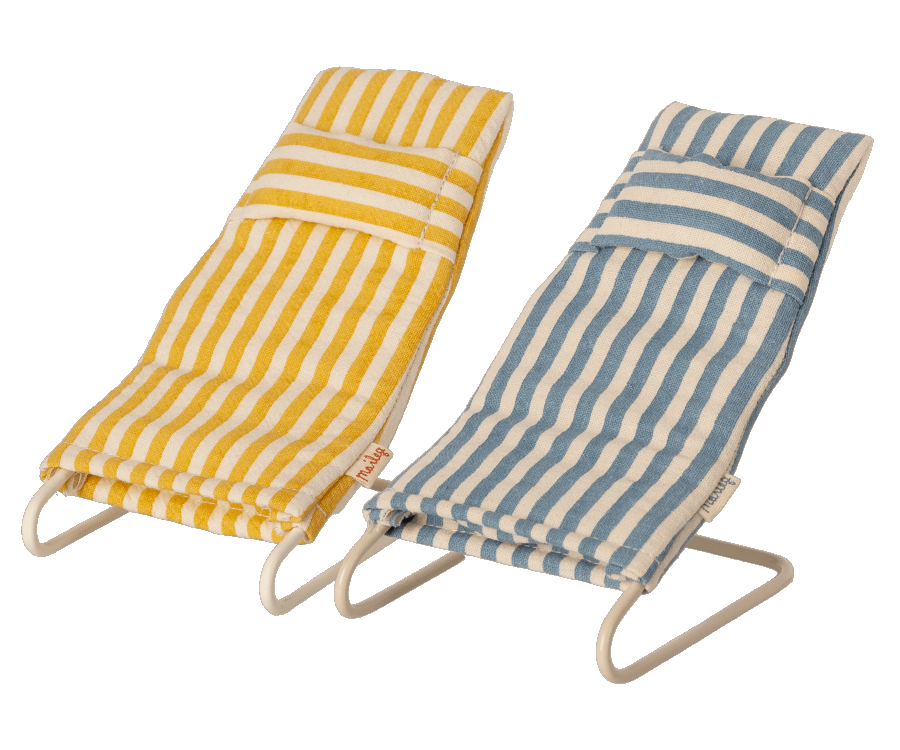 A pair of maileg mice sun loungers striped on in yellow and the other blue. Collectable dollhouse miniatures