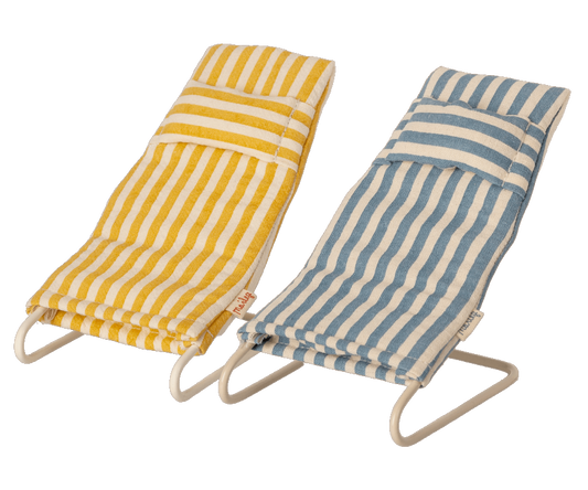 A pair of maileg mice sun loungers striped on in yellow and the other blue. Collectable dollhouse miniatures