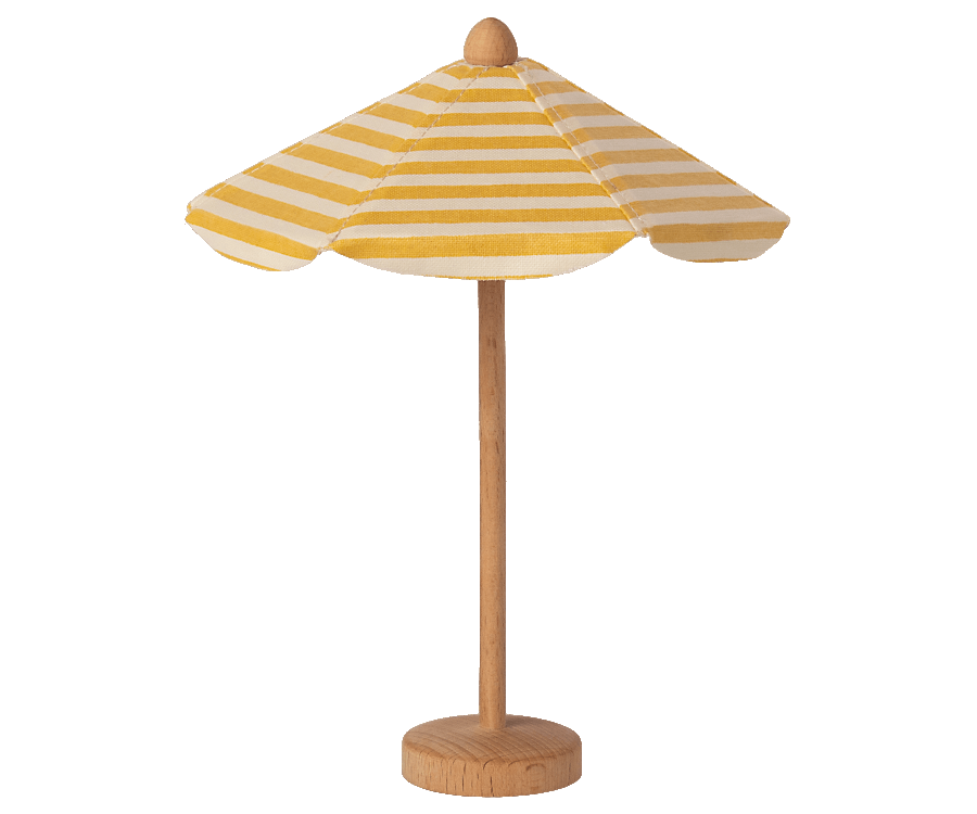 Maileg yellow stripe cotton sun umbrella with wooden stand to keep the beach mice cool. Collectable Dollhouse miniatures