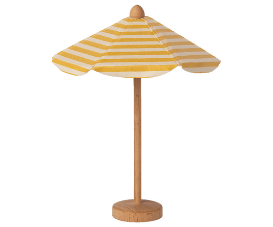 Maileg yellow stripe cotton sun umbrella with wooden stand to keep the beach mice cool. Collectable Dollhouse miniatures