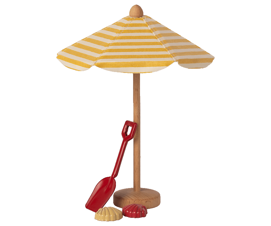 Maileg yellow strip sun umbrella with beach accessories (sold seperately) Collectable dollhouse miniatures