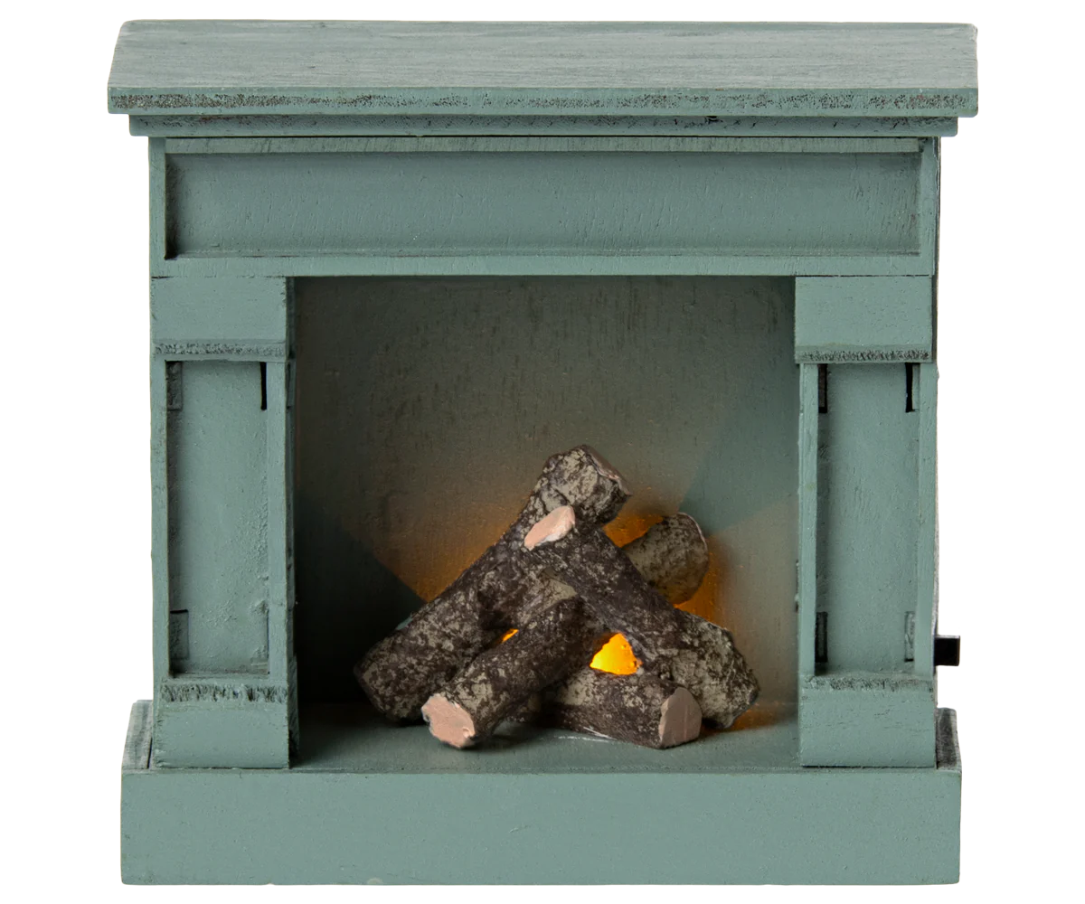 Maileg Mouse Size Fireplace with light on to look lit | Collectable Dollhouse Furniture