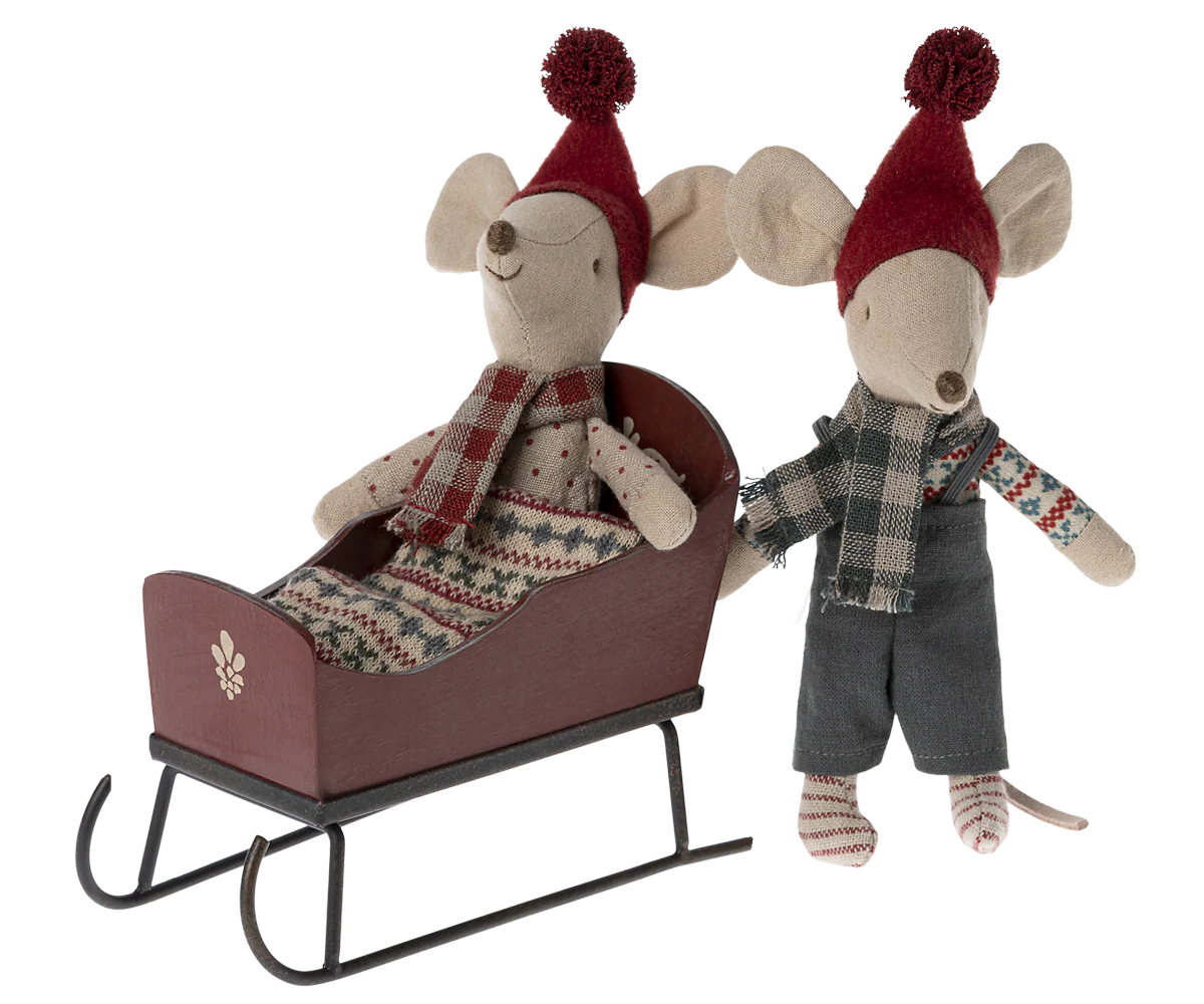 red wooden miniature maileg sleigh with mice in | Maileg UK