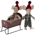 red wooden miniature maileg sleigh with mice in | Maileg UK