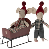 red wooden miniature maileg sleigh with mice in | Maileg UK