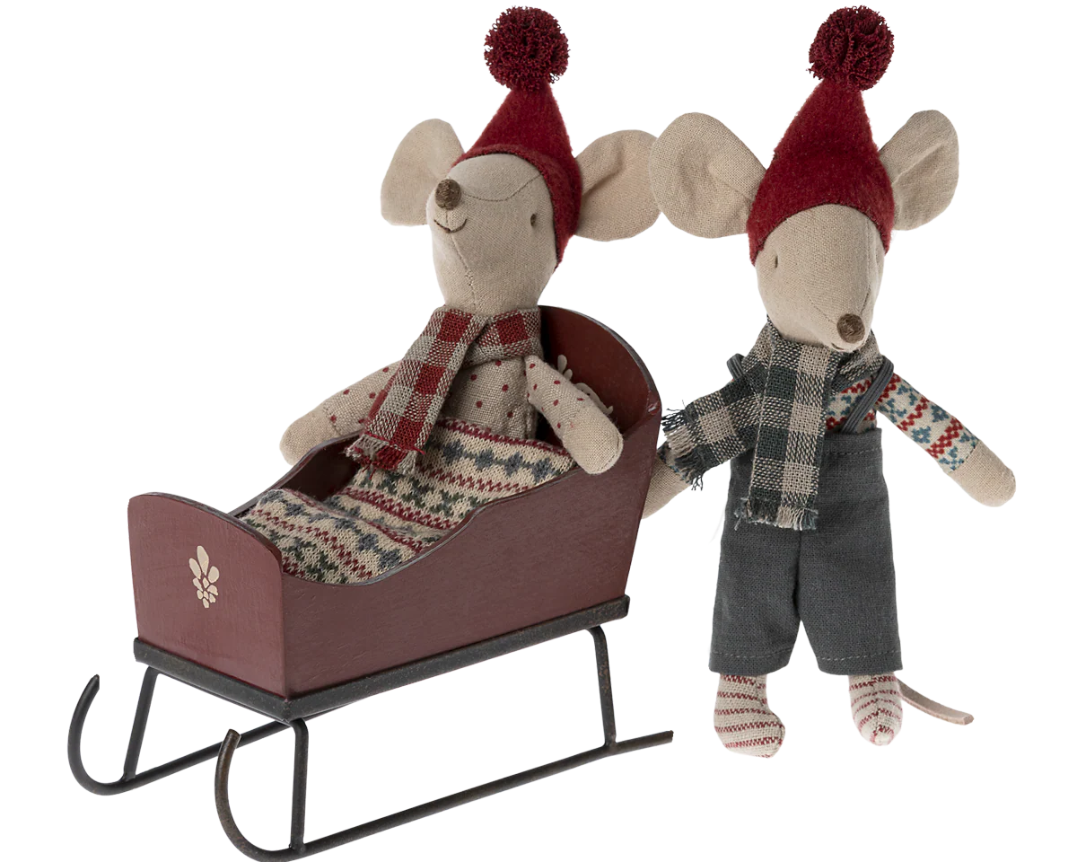 red wooden miniature maileg sleigh with mice in | Maileg UK