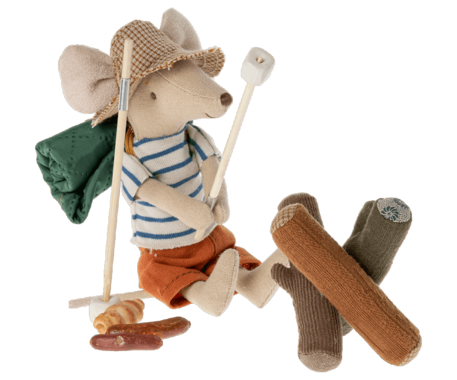 Maileg Hiker Mouse holding a marshmallow on a stick over his bonfire on a camping trip | Dollhouse Miniatures