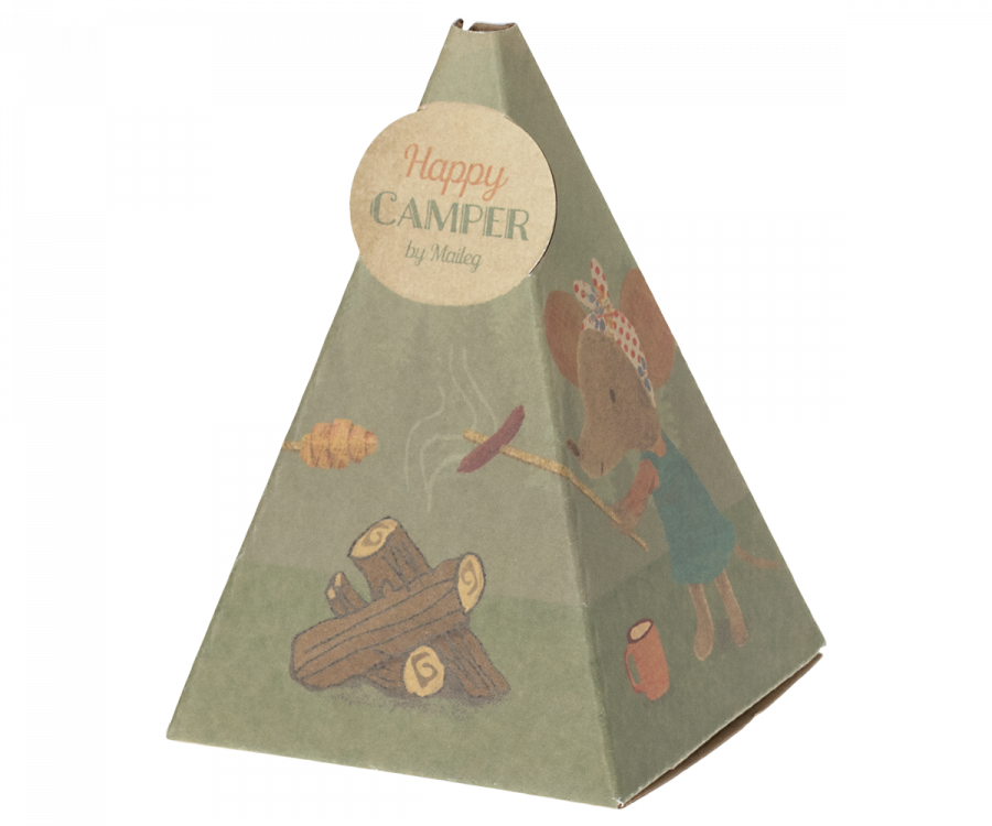 Maileg Happy Camper packaging with illustrations of mice having a camp fire | Collectable Dollhouse Miniatures