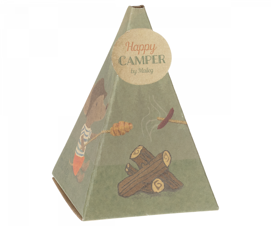 Maileg Happy Camper packaging with illustrations of mice having a camp fire | Collectable Dollhouse Miniatures