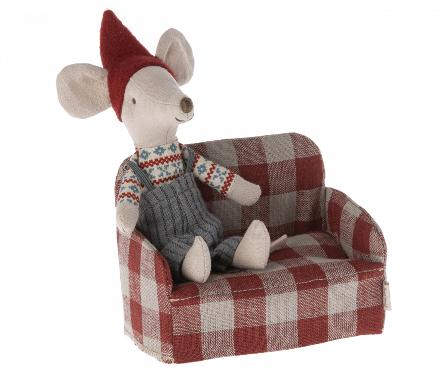 Maileg Mouse size Couch in burgundy check pattern | Dollhouse Furniture