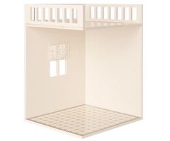 Beige children's playhouse with a balcony on a white background